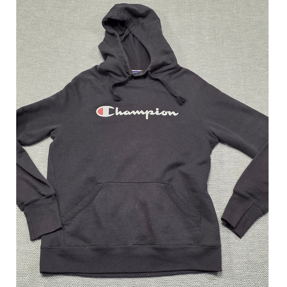 Champion Mens Small Black‎ Script Logo Hoodie Raglan Pullover Sweatshirt S